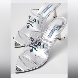 Prada Logo-print Plexiglas high-heel slides 37.5 silver leather